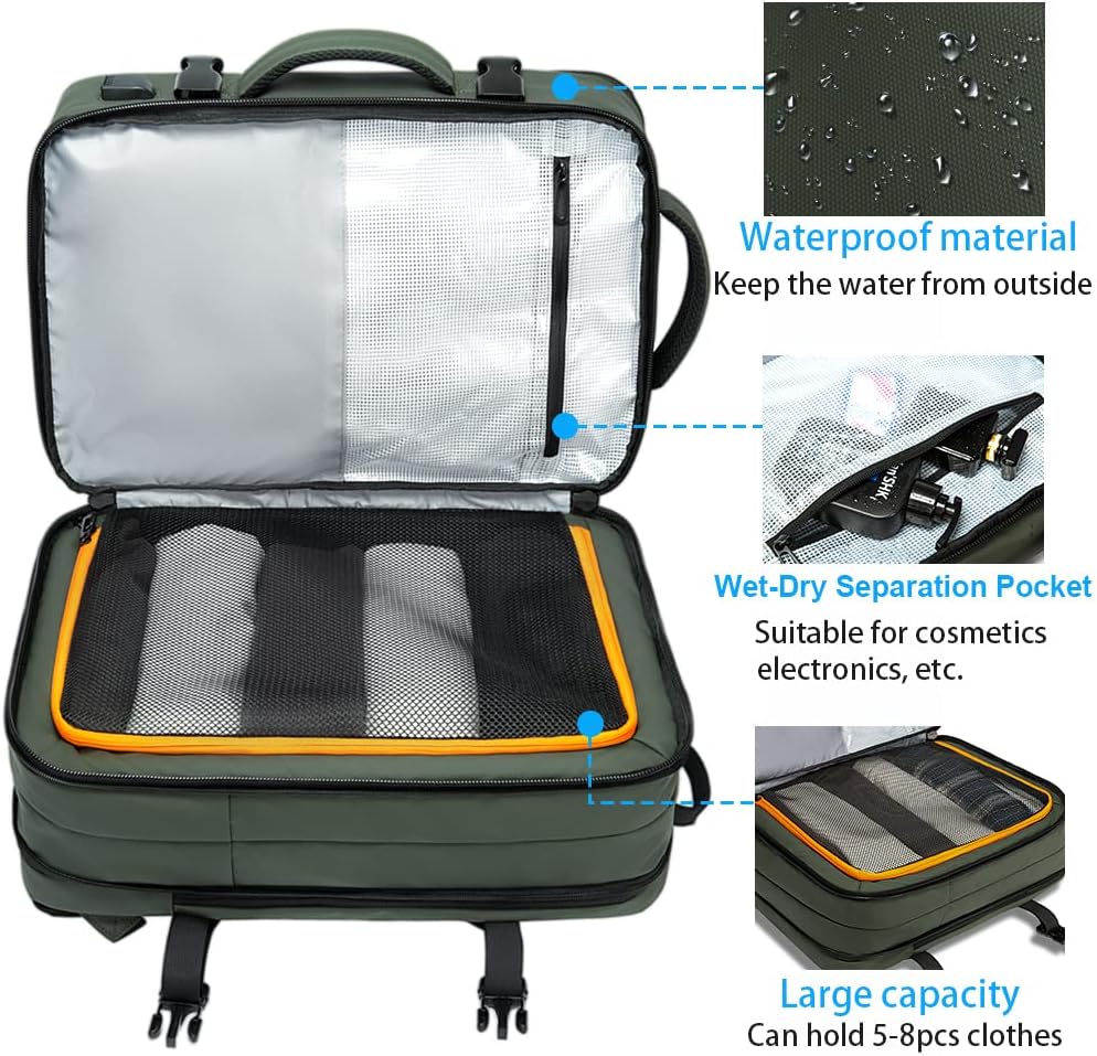 Anti-theft 45L travel luggage, close up of the reinforced handle for comfortable carrying.