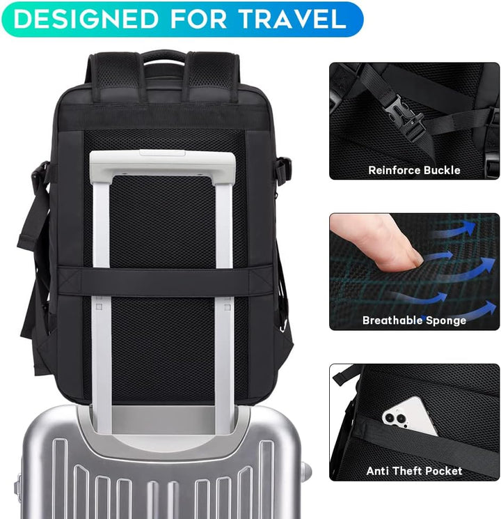 Unisex 45L travel duffle bag backpack, waterproof, being carried on the shoulder, urban setting.