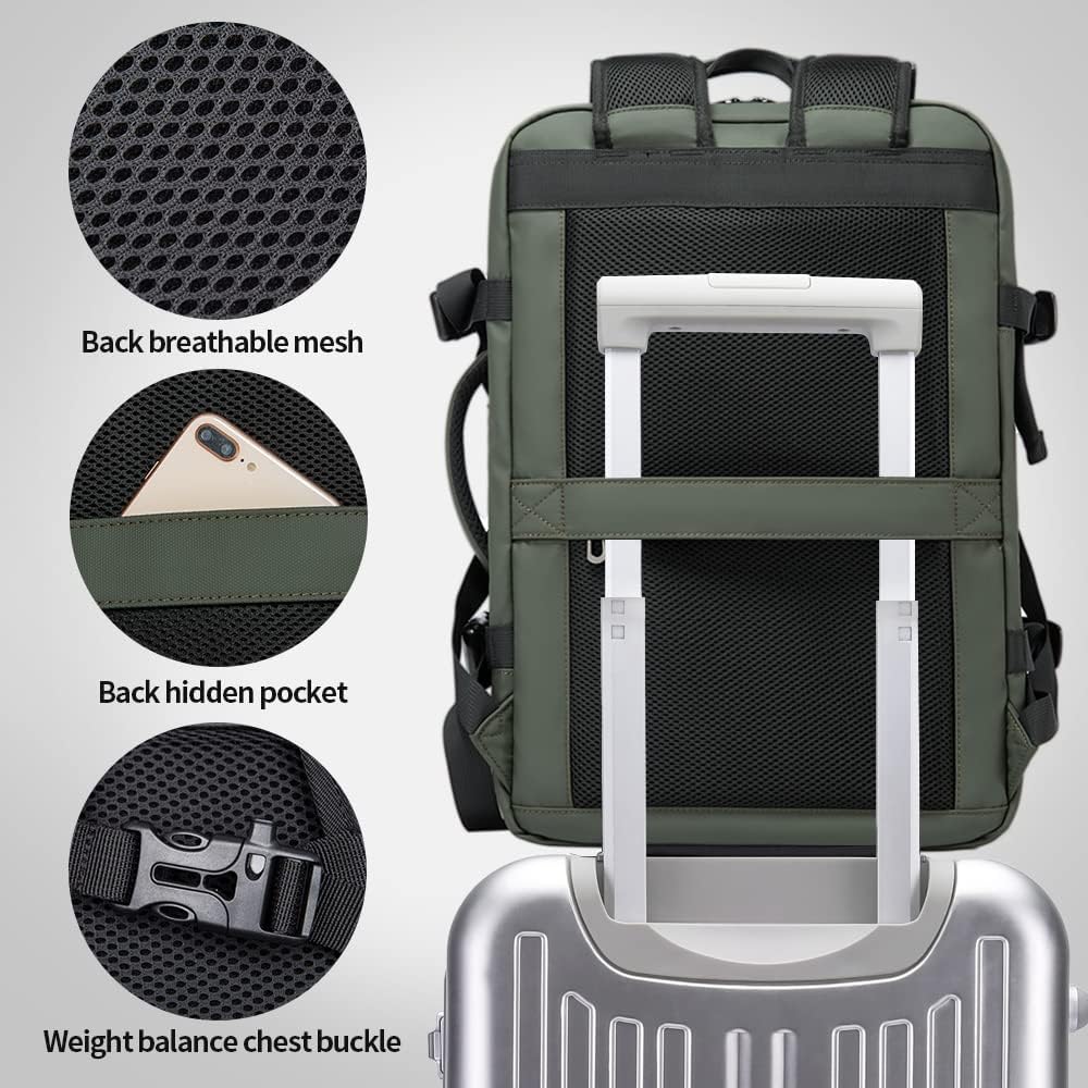 Unisex 45L travel backpack, showcasing the sternum strap and hip belt for weight distribution.