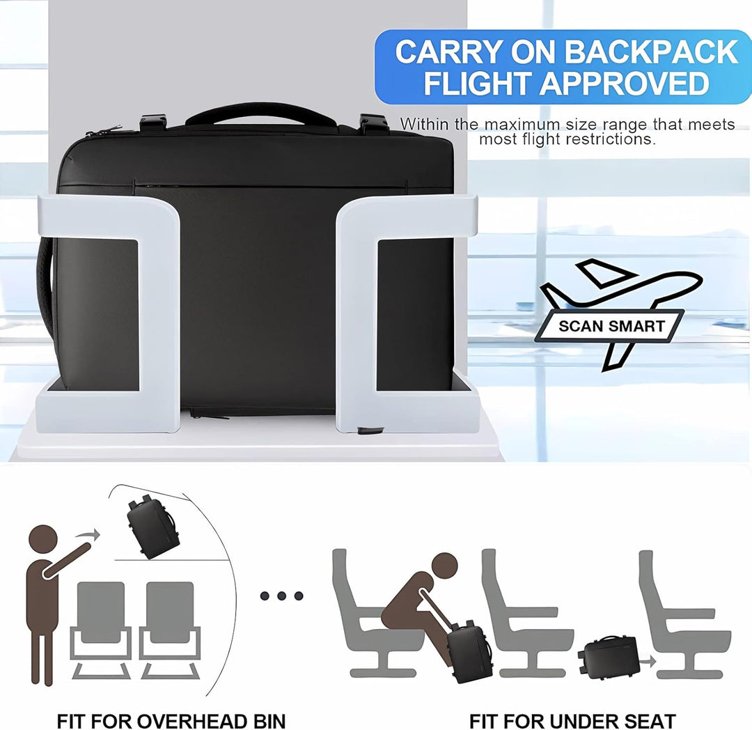 Waterproof laptop backpack 45L, with external USB charging port and anti-theft features.