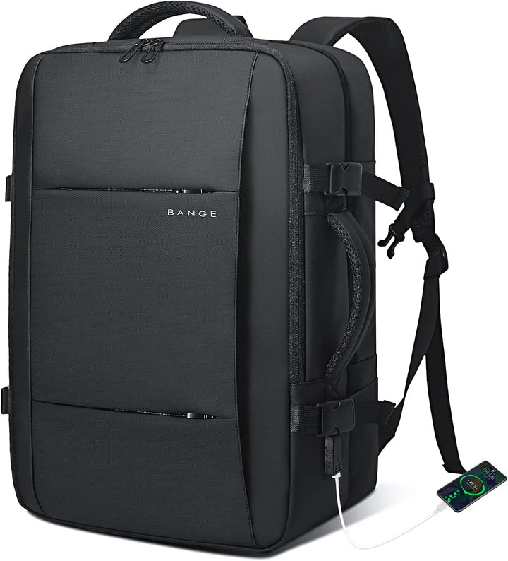 Black 45L travel laptop backpack, close-up of the brand logo on the waterproof fabric.
