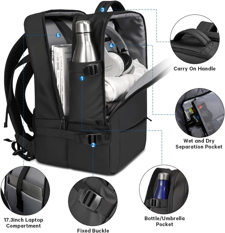Expandable 45L waterproof travel bag, main compartment open, showing internal compression straps.