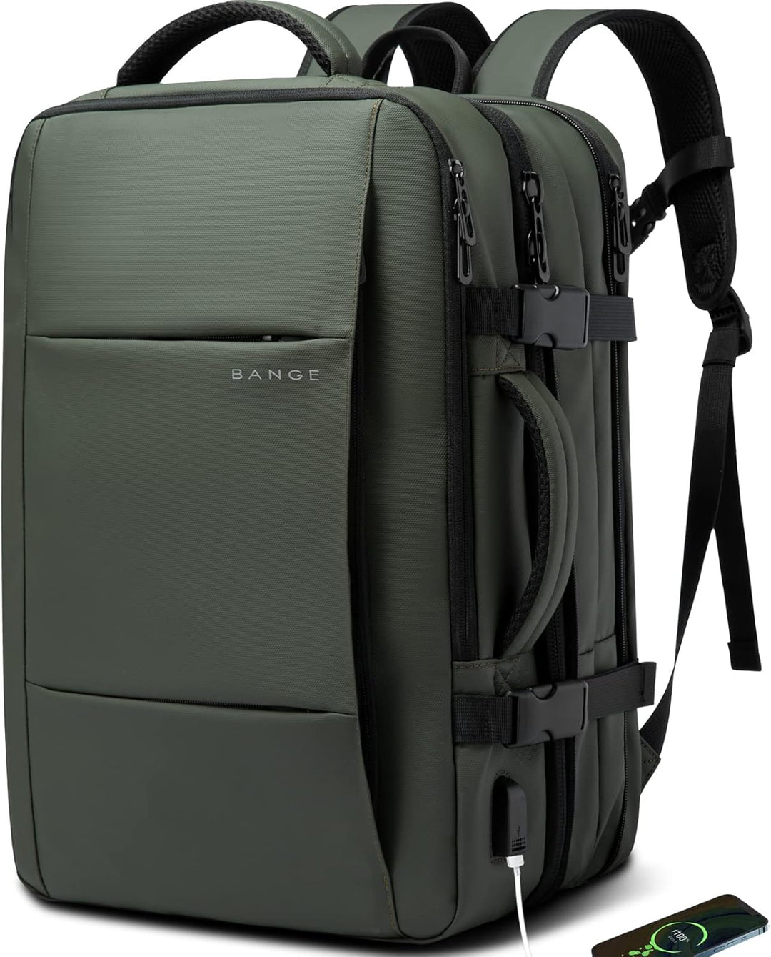 Versatile 45L travel backpack, convertible to duffle bag, person holding top handle, outdoor scene.