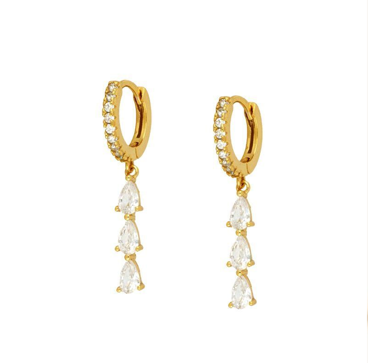 Versatile Aurora crystal hoop & chain earrings in gold for women, elegant jewelry.