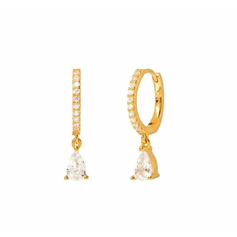 Women's gold hoop earrings with delicate crystal chain, perfect versatile jewelry.