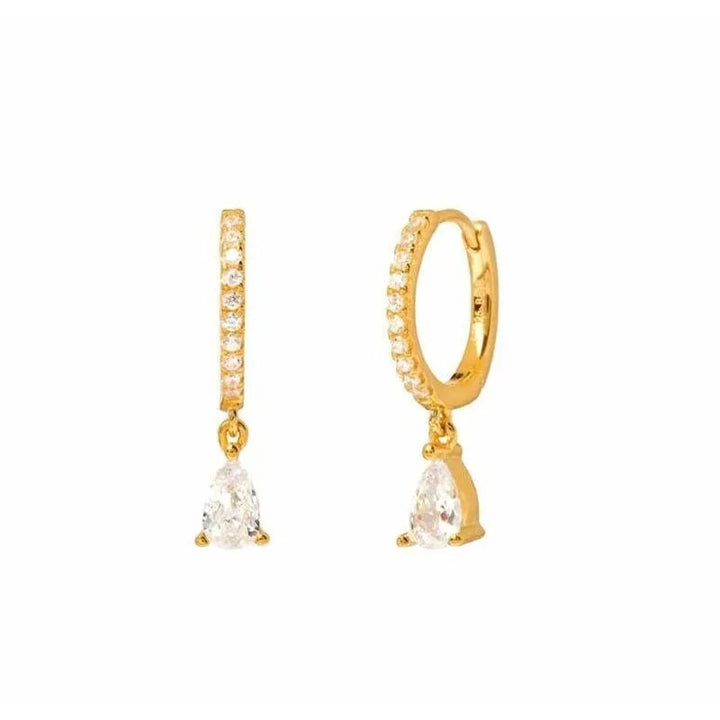 Women's gold hoop earrings with delicate crystal chain, perfect versatile jewelry.