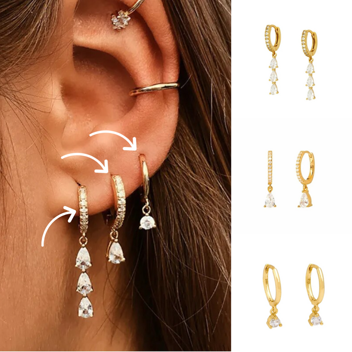 Set of gold and silver Aurora crystal chain and hoop earrings, women's fashion jewelry.