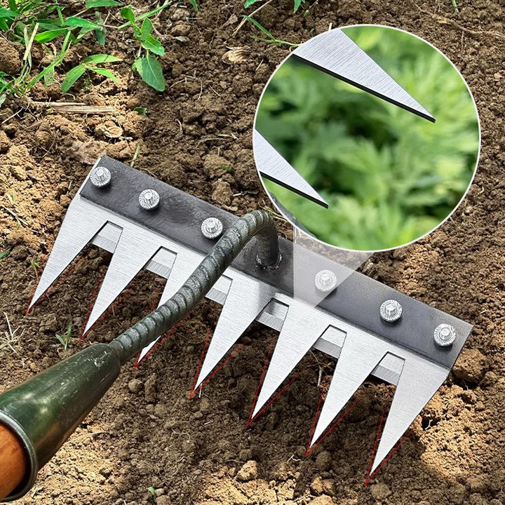 Versatile carbon steel lawn rake head for garden & yard maintenance.