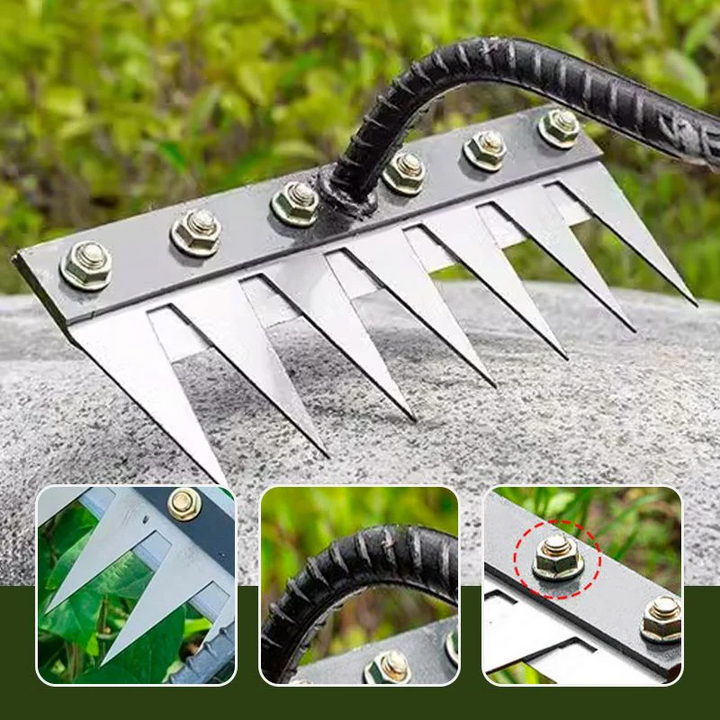 Interchangeable landscaping rake head. Carbon steel soil cultivator for versatile garden tasks.