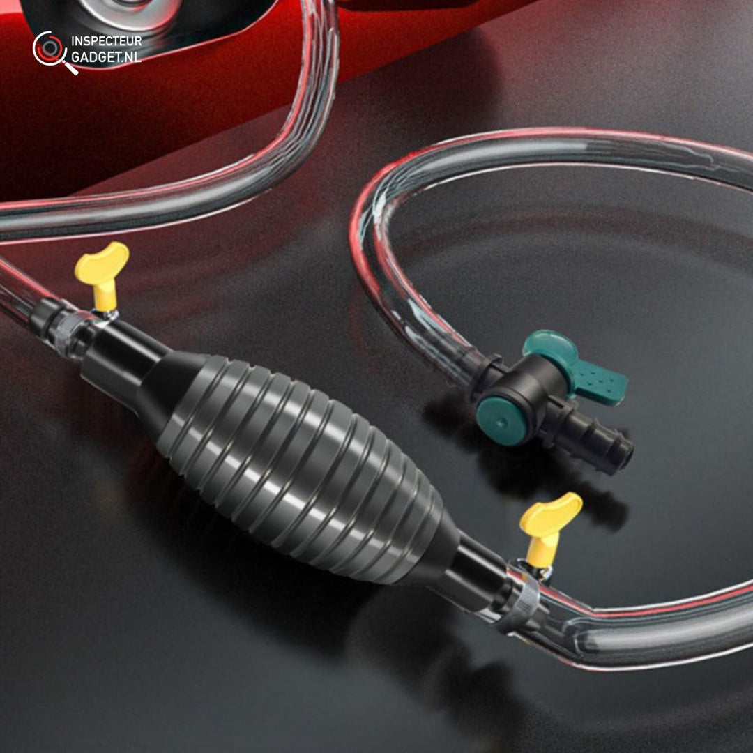 Complete fluid transfer pump kit with hoses for oil siphoning, fuel transfer, and water drainage.