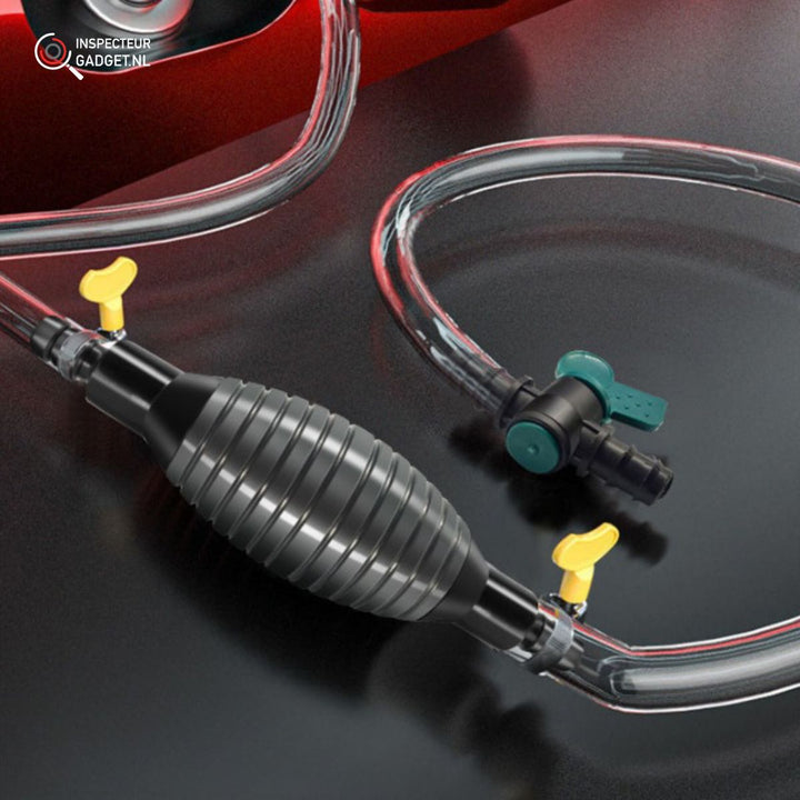 Complete fluid transfer pump kit with hoses for oil siphoning, fuel transfer, and water drainage.