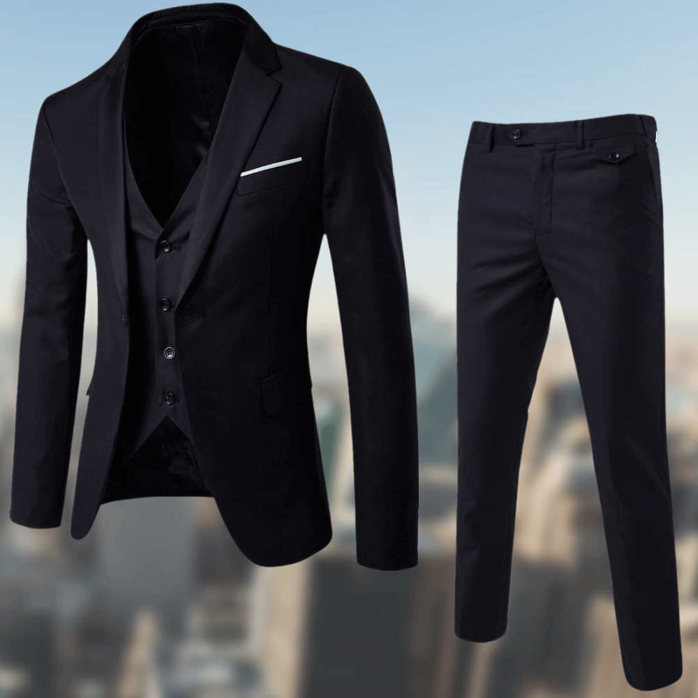 Versatile men's classic suit with blazer & trousers, perfect for business attire, formal wear, & special occasions.