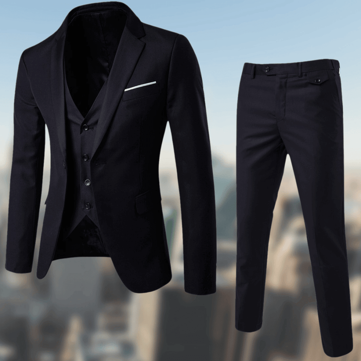 Versatile men's classic suit with blazer & trousers, perfect for business attire, formal wear, & special occasions.