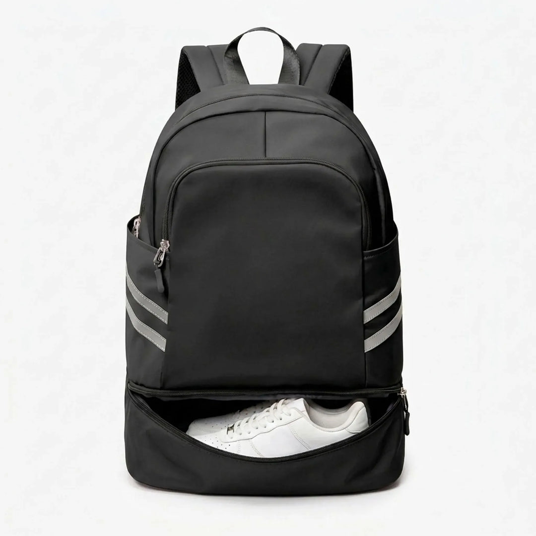 Back view of ergonomic multi-pocket sports backpack with padded straps, ideal for gym, travel, & daily carry.