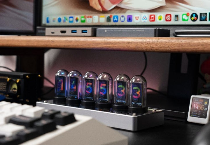 Close-up of Chronix vertical LED table clock display showing vibrant Nixie-style numbers. Perfect desktop decor.