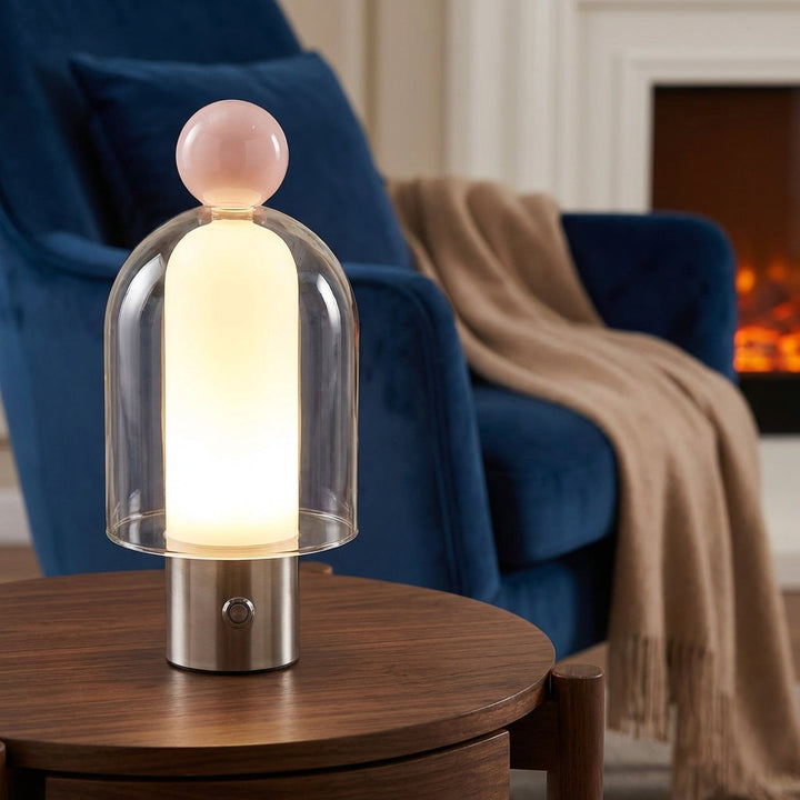 Vesanta rechargeable dimmable glass table lamp glowing amber, modern home decor