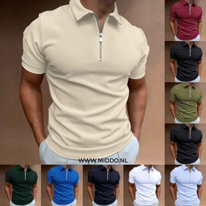 Two VestoZip™ men's slim fit zip polos, front view, in black and white, buy 1 get 1 free offer