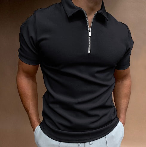 Close-up of the zipper detail on a VestoZip™ men's slim fit polo, showcasing modern design