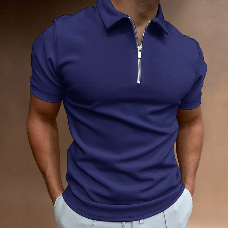 Man wearing a VestoZip™ slim fit zip polo, side profile, highlighting the slim fit and comfort