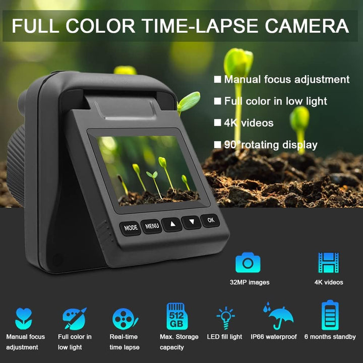 Veyano weatherproof 4K time lapse camera mounted in nature, capturing outdoor surveillance footage