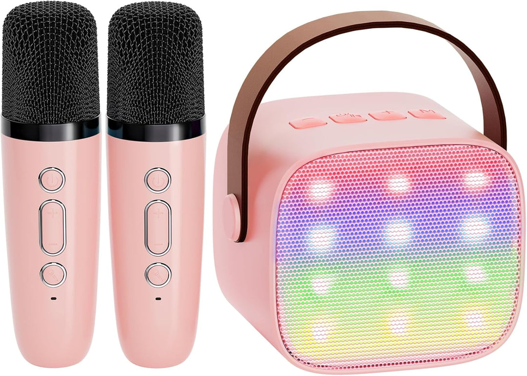 Hand holding Veylo wireless microphone, ready to sing with portable karaoke machine