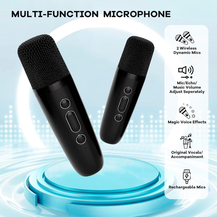 Setup of Veylo portable karaoke machine on a table, with active wireless mics
