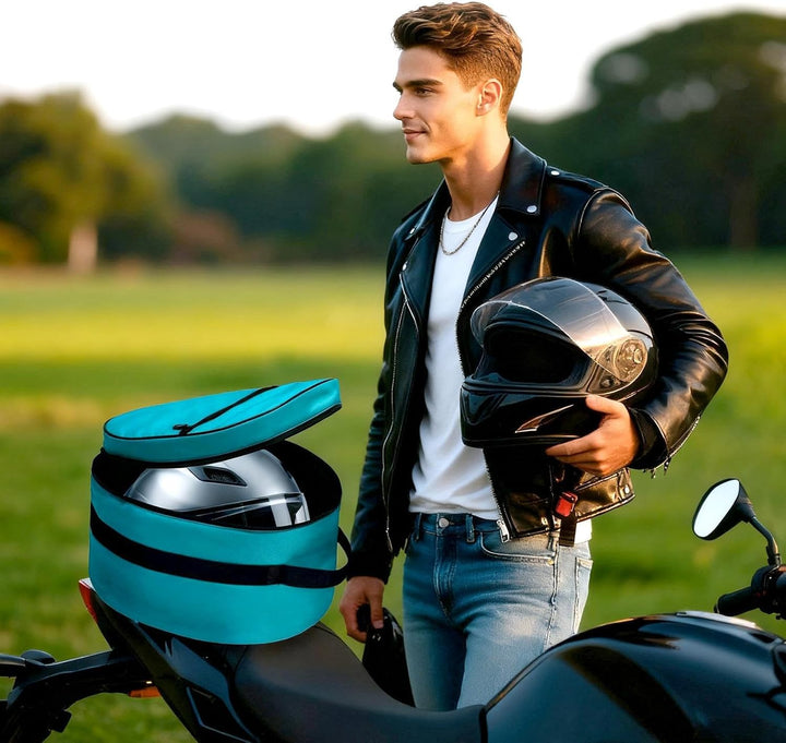 Motorcycle helmet being placed inside a Veynar waterproof helmet bag, demonstrating its spacious and protective design.