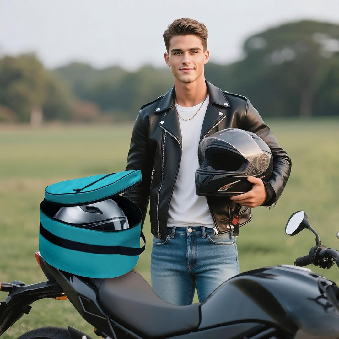 Lifestyle shot of a person carrying the Veynar waterproof Oxford helmet bag, showcasing its portability and ergonomic design.