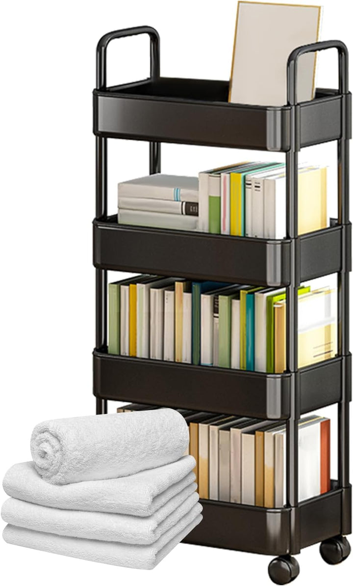Rolling utility cart, 3-tier, white, with wheels and handle for home organization.