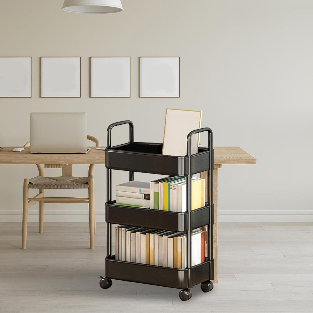 Home storage rolling cart, white, with a sturdy handle and multi-directional wheels.