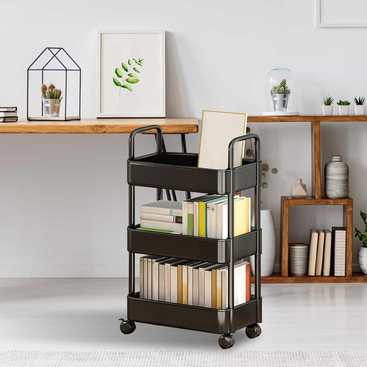 White rolling cart, 3-tier, with handle, perfect for organizing any room.