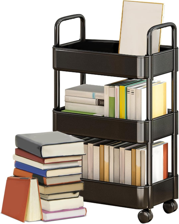 Rolling storage unit, white, with a comfortable handle and locking casters.
