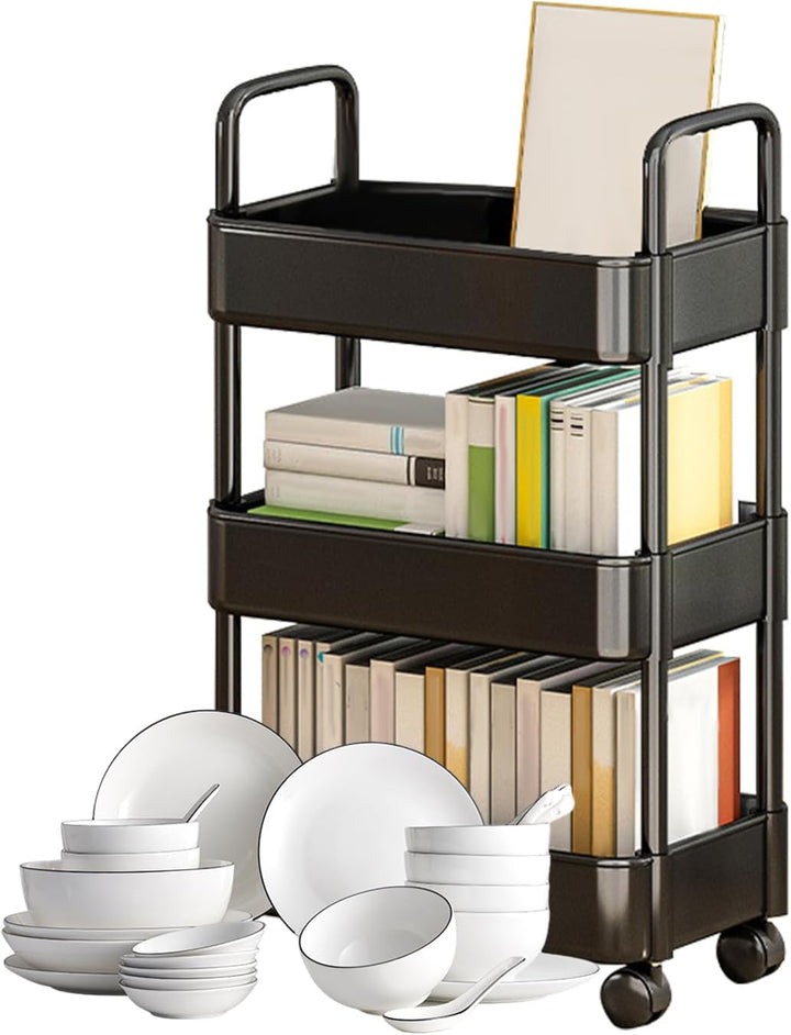 White rolling utility cart, designed for easy transport with handle and wheels.