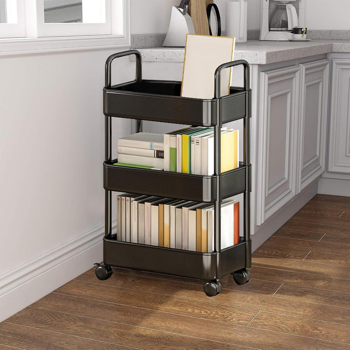 Rolling utility cart with handle, white, 3-tier, a versatile home organization tool.