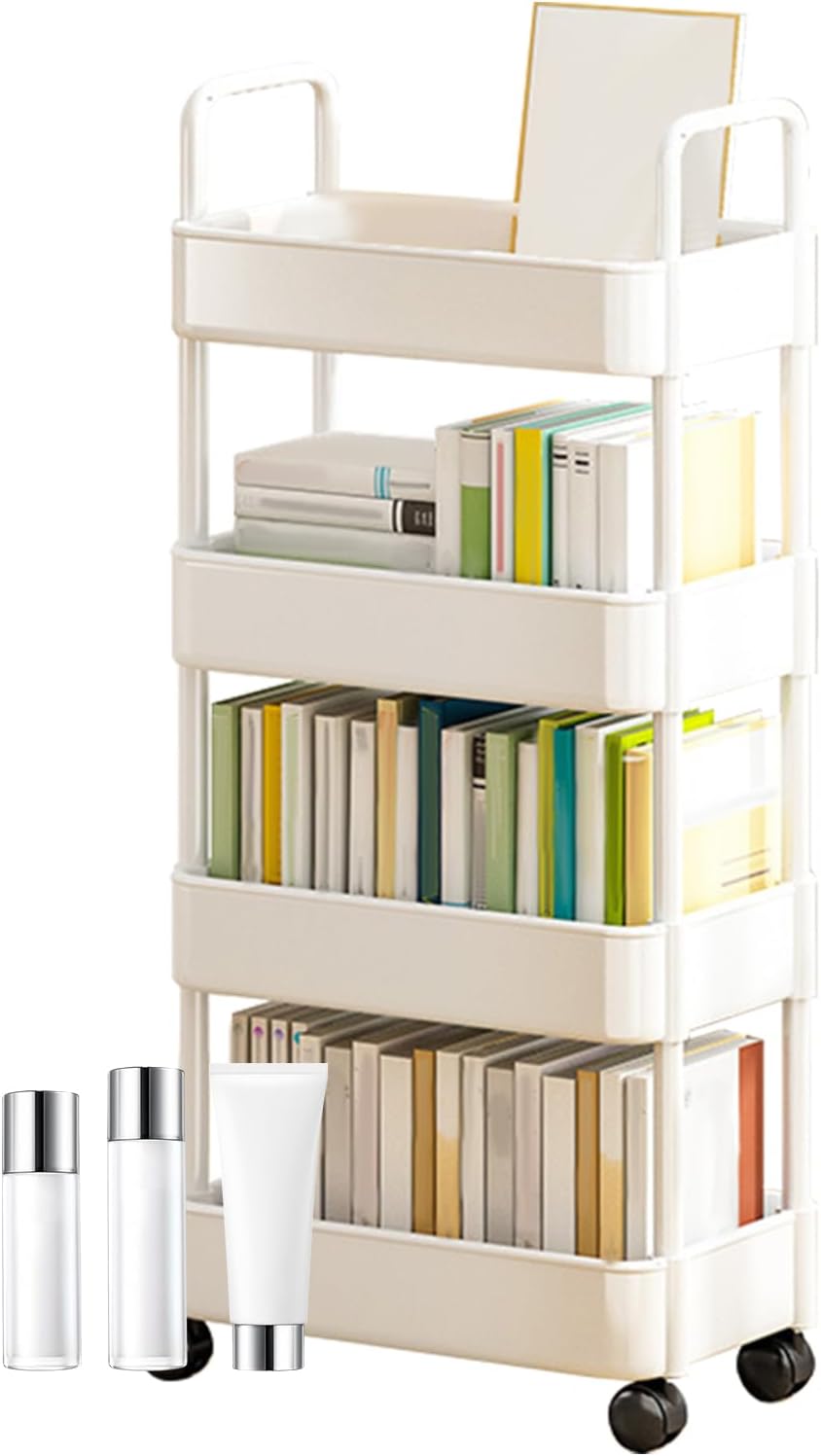 White rolling storage cart, with handle and wheels, ideal for bathroom essentials.