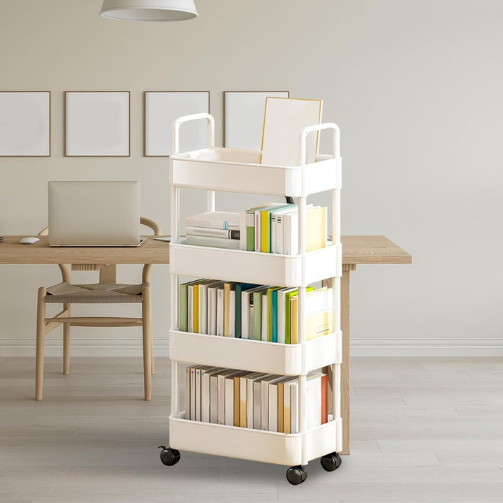 Versatile mobile storage: rolling utility cart, white, with handle and sturdy wheels.