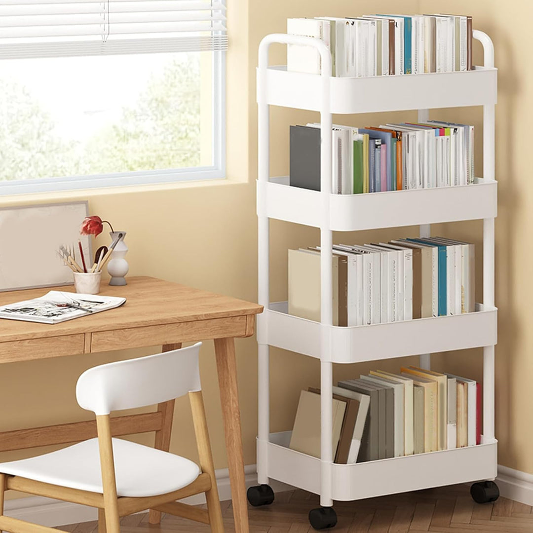 Rolling cart, white, with an integrated handle and smooth-rolling wheels for convenience.