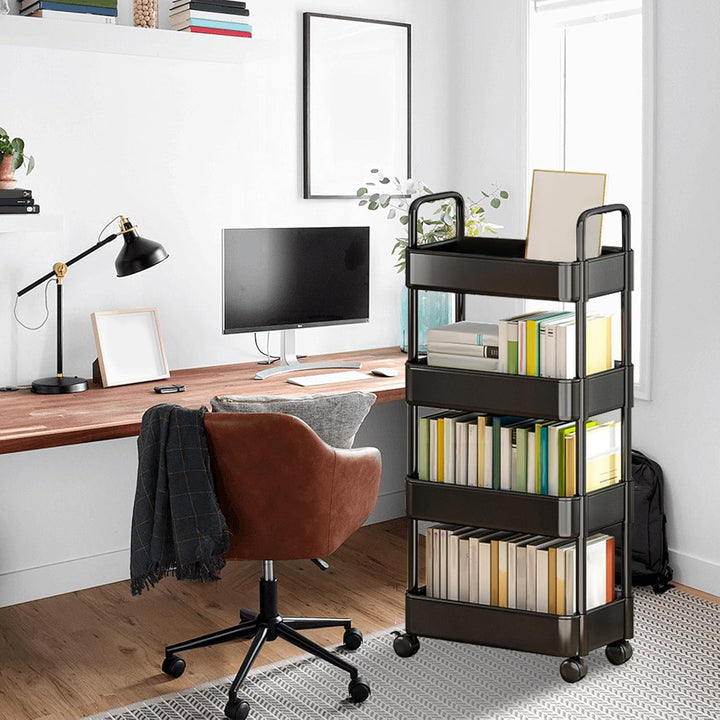 Rolling storage cart for kitchen, white, with handle and locking wheels for easy movement.