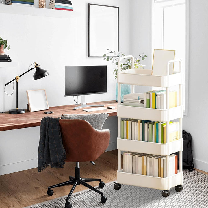 White rolling storage unit, with handle for easy pulling and smooth-gliding wheels.