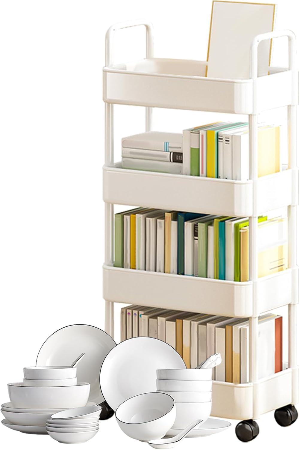 Multi-purpose rolling cart, white, with a convenient handle and locking wheels.