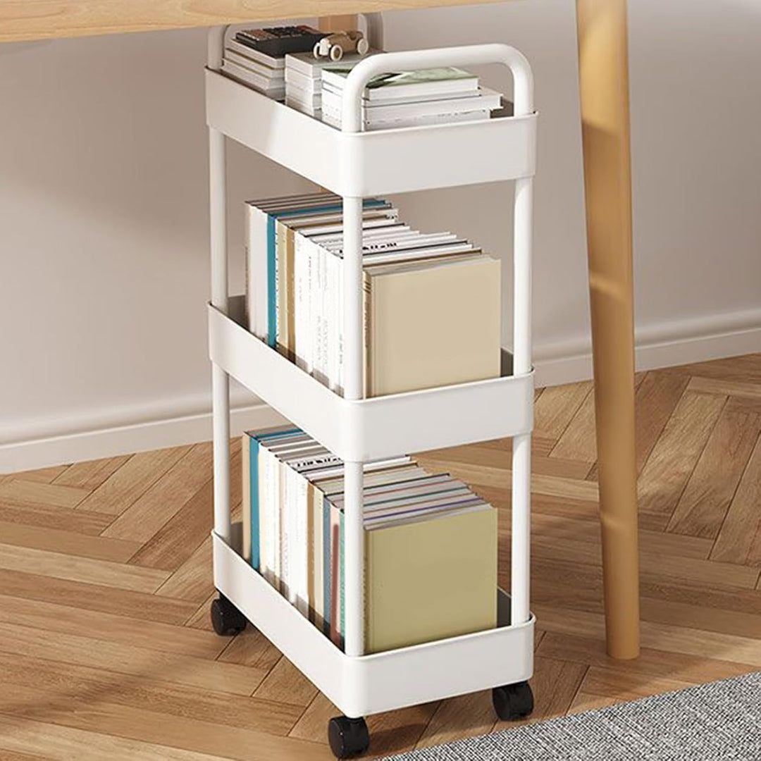 Rolling bathroom storage cart, white, with handle and strong, maneuverable wheels.