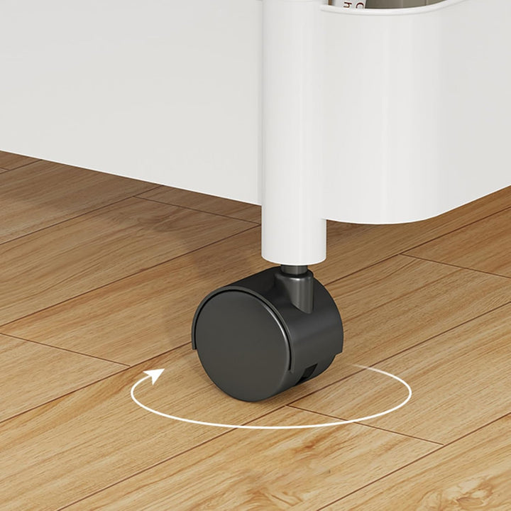 White rolling storage cart, with ergonomic handle and all-directional wheels.