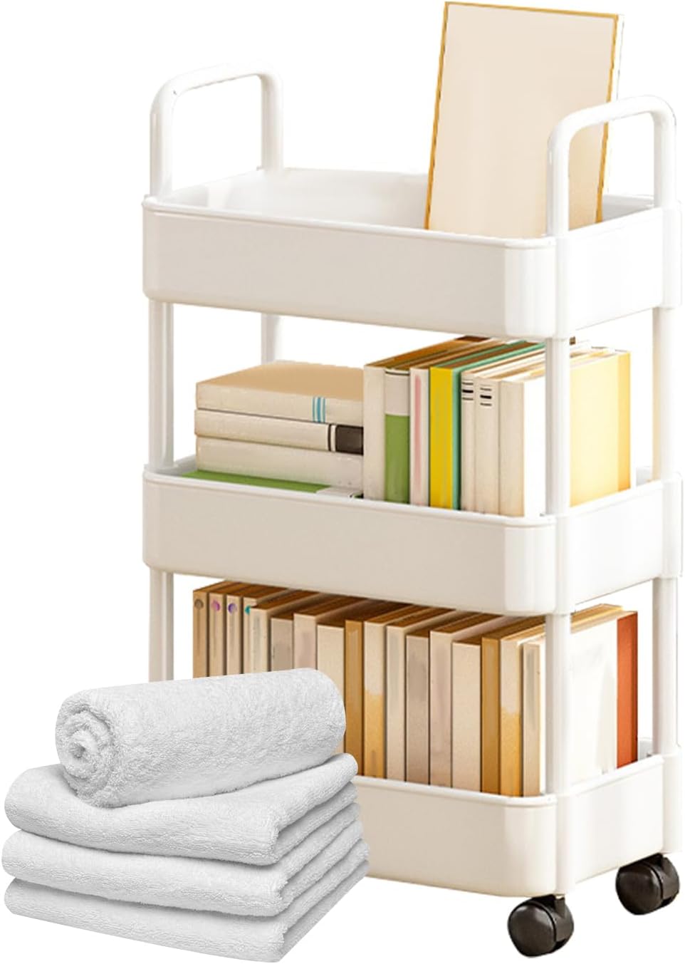 Space-saving rolling utility cart, white, with a handle and robust castor wheels.