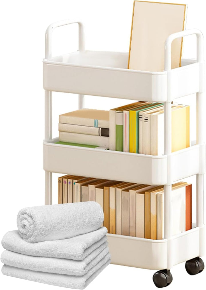 Space-saving rolling utility cart, white, with a handle and robust castor wheels.