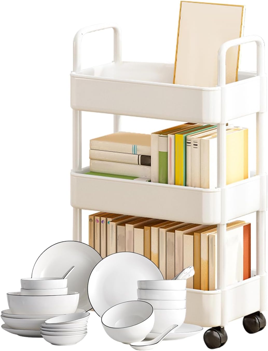 Rolling cart, white, with sturdy handle and flexible wheels for seamless mobility.