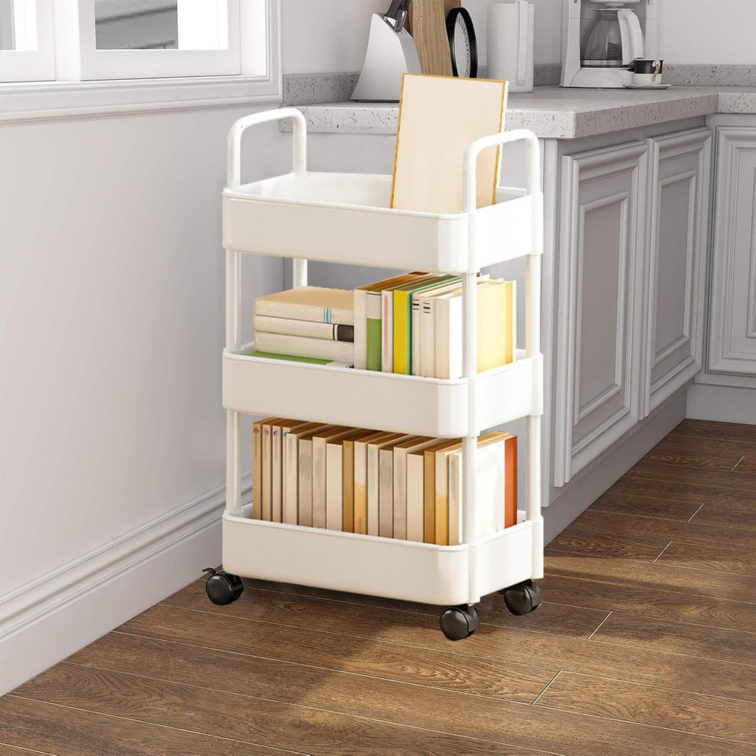 White home storage cart, with handle and wheels, a versatile addition to any room.