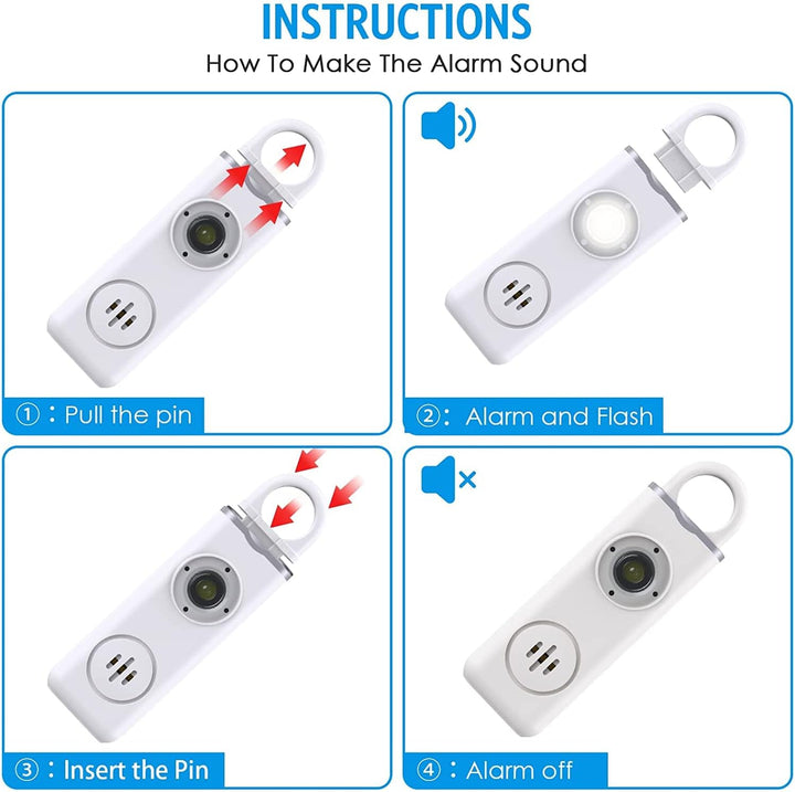Close-up of the LED strobe light on Veyora 130dB personal alarm keychain, activated