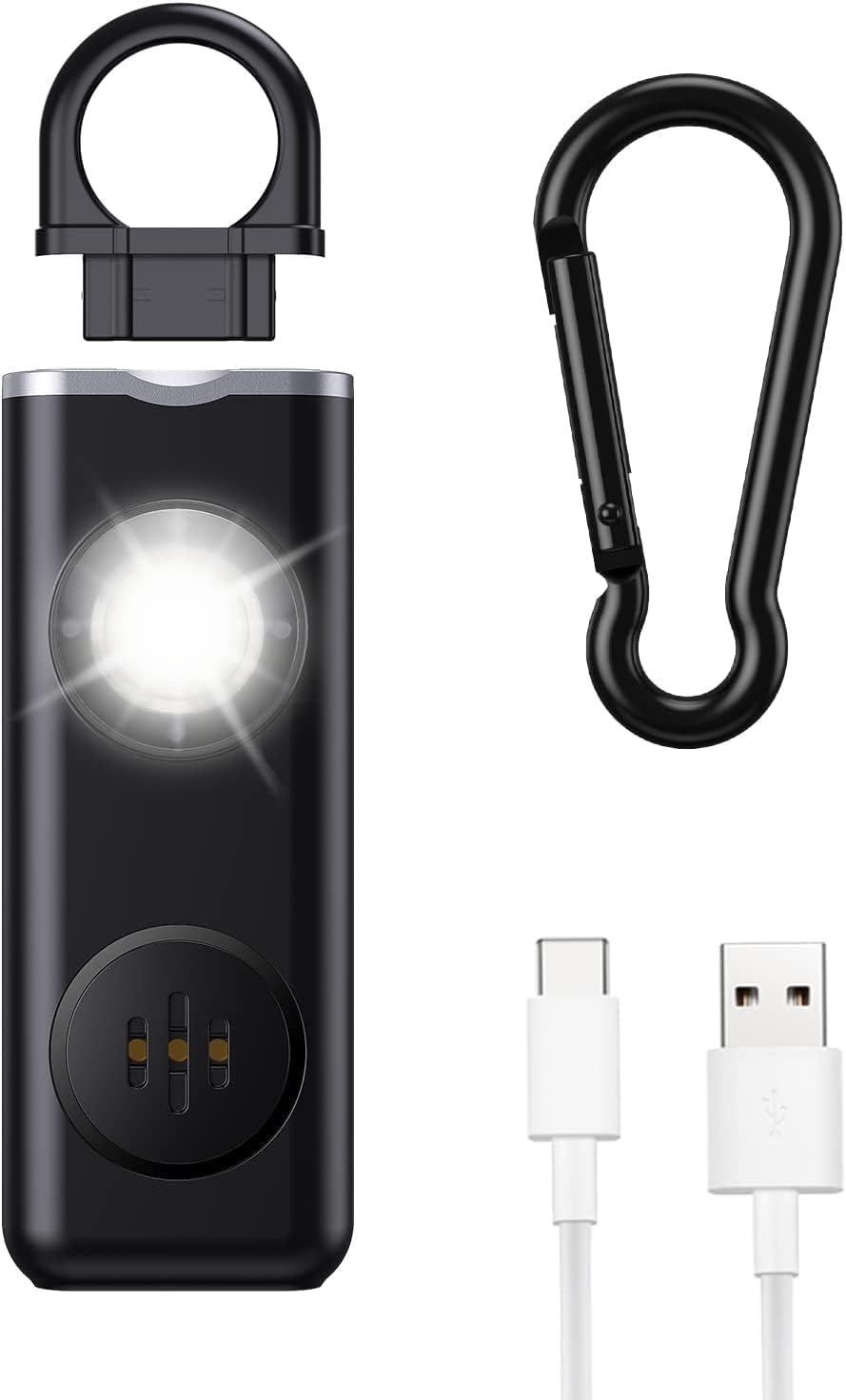 Veyora personal alarm with LED strobe, demonstrated in a low-light setting for visibility
