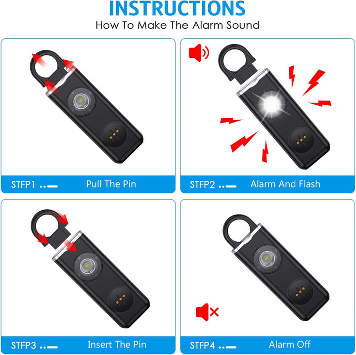 Lifestyle shot of Veyora 130dB personal alarm, used by a woman for walking safety, urban background