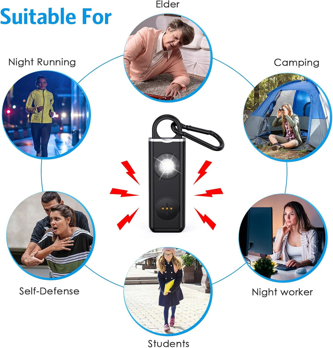 Veyora 130dB personal alarm with strobe light, compact design for travel security at night